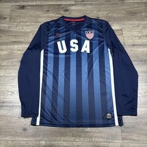 USA Soccer Jersey Mens Large Blue Umbro‎ Long Sleeve Striped Navy Crest Graphic